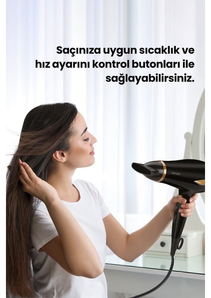 2200W Dc Motorlu Isı ve Hız Ayarlı Saç Kurutma Makinesi, Gold Siyah