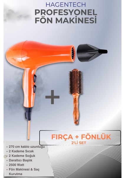 Turuncu Profesyonel Saç Kurutma Makinesi 2500W Fönlük ve Fırça Seti