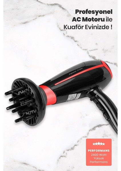 2400W Ac Motorlu Hız ve Isı Ayarlı Saç Kurutma, Difüzör ve Ultra Ince Fön Uçlu indirimleri