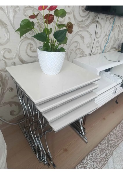 Arden Elite 4'lü Kare Zigon Sehpa Seti – Gümüş (Krom) Ayak, Krem Mdf fırsatları