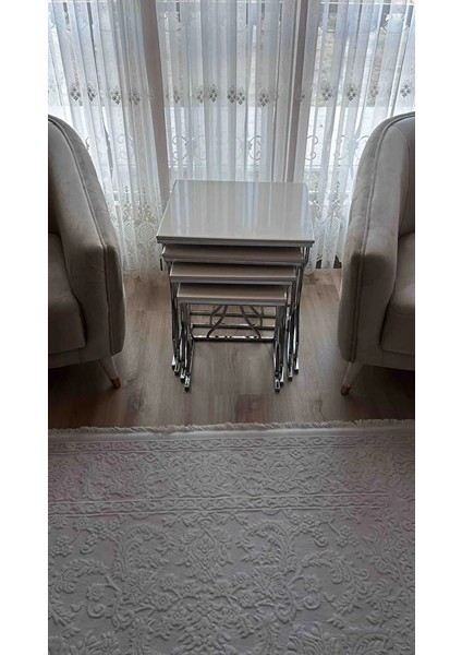 Arden Elite 4'lü Kare Zigon Sehpa Seti – Gümüş (Krom) Ayak, Krem Mdf