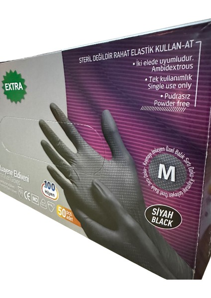 Ultra Güçlü Siyah Nitril Balık Sırtı Dokulu Muayene Eldiveni M Beden 50'li fiyatları