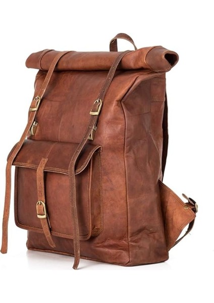 Leeds Deri Bisiklet Sırt Çantası Xl Laptop Bölmeli Su Geçirmez Rolltop Kahverengi