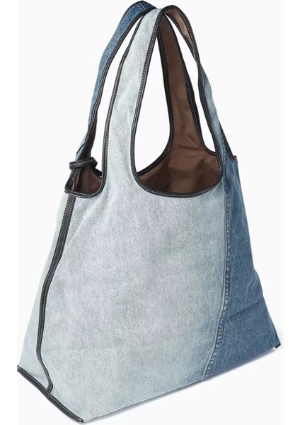 Denim Market Tote Geniş Hacimli, Deri Etiketli ve Günlük Şık Çanta fiyatları