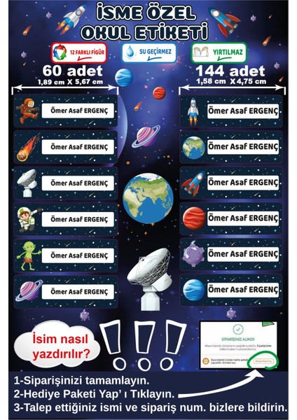 İsme Özel Su Geçirmez Uzay Temalı Okul Etiketi Sticker Kişiye Özel Erkek Çocuk İsim Etiketi Kırtasiye