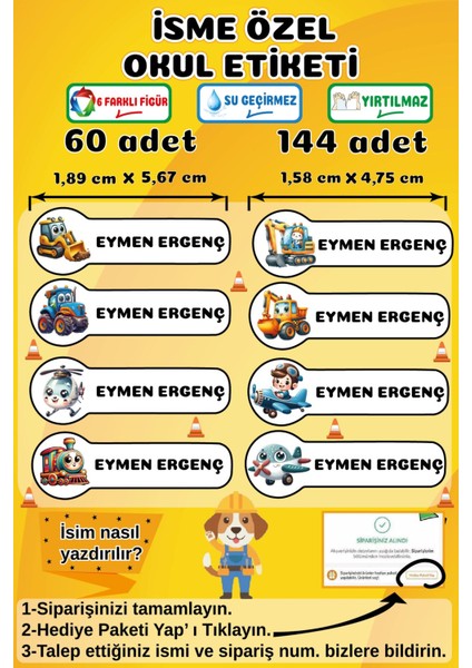 İsme Özel Su Geçirmez Okul Etiketi Sticker Kişiye Özel Arabalı İsim Etiketi Kırtasiye Malzemeleri