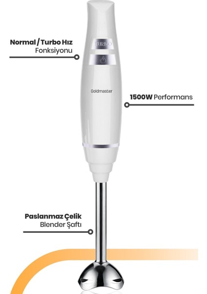 1500W Paslanmaz Çelik Hız Ayarlı El Blender Beyaz