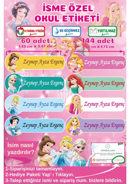 Prensesler Temalı Isme Özel Su Geçirmez Okul Etiketi Kişiye Özel Kız Çocuk Isim Etiketi Kırtasiye