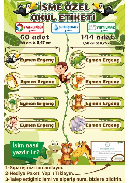 Hayvan Temalı Kalem Defter Kitap Etiketi Isim Etiketi Kişiye Özel Çocuk Okul Etiketi Kırtasiye