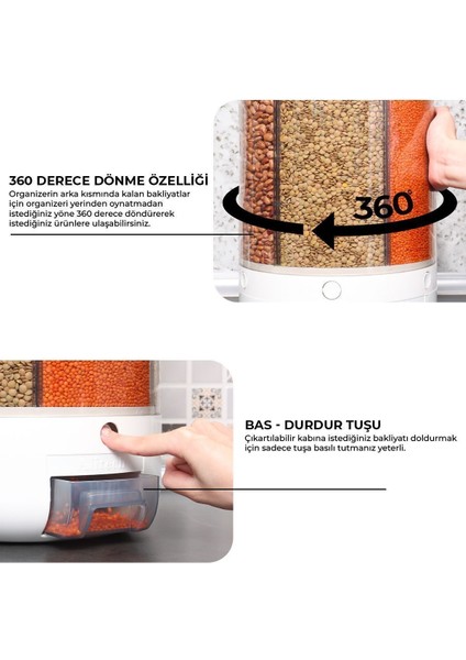 6 Gözlü, 10 kg Kapasiteli Dönebilir Saklama Kabı, Gıda ve Bakliyat Düzenleyici fırsatları