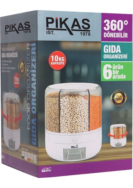 6 Gözlü, 10 kg Kapasiteli Dönebilir Saklama Kabı, Gıda ve Bakliyat Düzenleyici