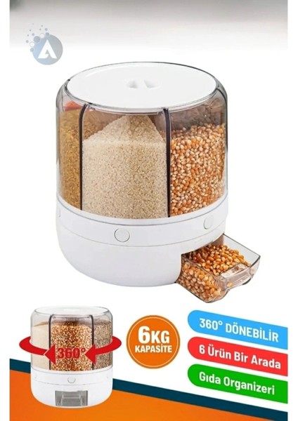 360° Dönebilen 6 Bölmeli Hava Geçirmez Kuru Gıda ve Bakliyat Organizeri