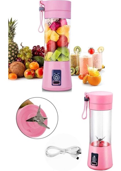 Taşınabilir Şarjlı El Blenderi, Shaker ve Smoothie Hazırlama Aleti, 6 Bıçaklı, Pembe