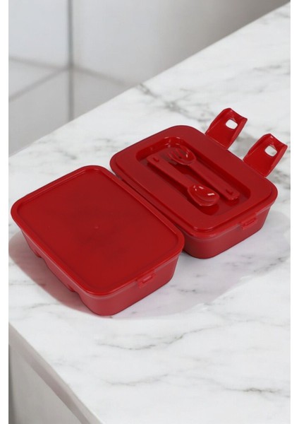 Kırmızı 4 Bölmeli Çocuk Beslenme Kutusu, Kaşık ve Çatal ile Güvenli Kullanım modelleri