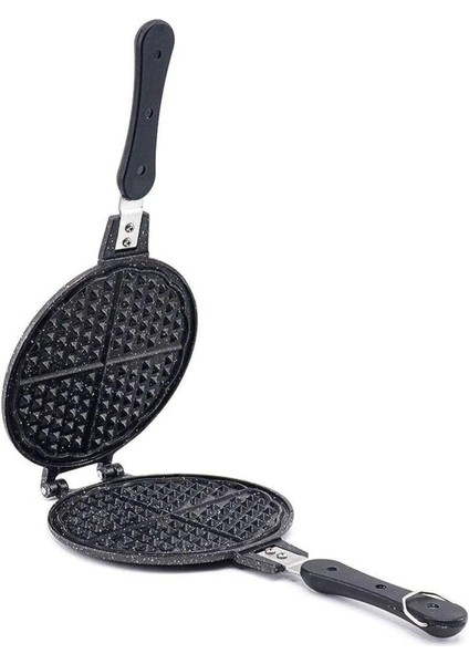 Şık Döküm Waffle Makinesi, Bakalit Saplı, Ocak Üstü, Siyah Renk