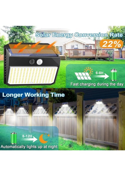 4’lü Solar Bahçe Işıkları, Hareket Sensörlü, 150 Led, 3 Modlu, IP65 Su Geçirmez, Solar Duvar Lambası