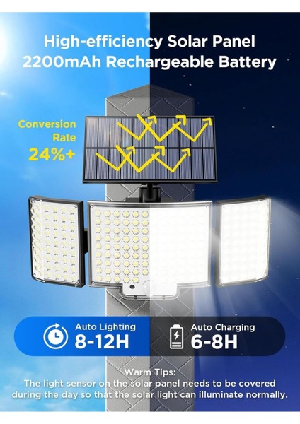 212 LED Solar Dış Mekan Işıkları, Hareket Sensörlü, IP65 Su Geçirmez, 3 Modlu, Bahçe Aydınlatması fırsatları