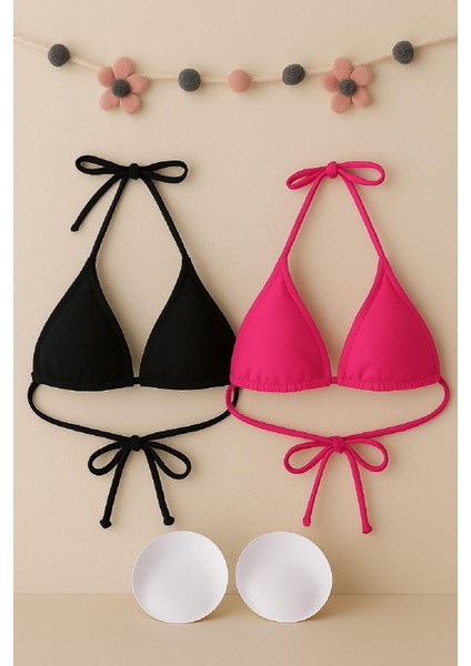 Özel Kadın Siyah ve Fuşya Minimal Kesim Üçgen Bikini Üstü Fırsat!!! indirimleri