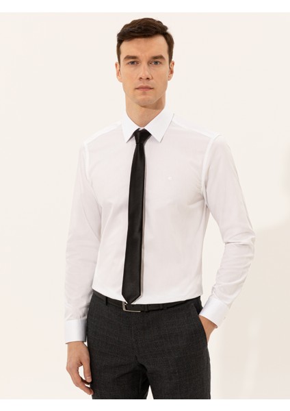 Erkek Beyaz Slim Fit % 100 Pamuk İtalyan Yaka Basic Gömlek 50255242-VR013