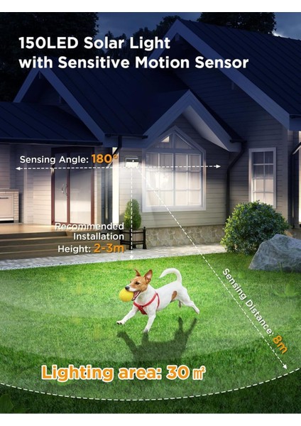 150 LED Güneş Enerjili Hareket Sensörlü Lamba, IP65, 180° Açı fırsatları