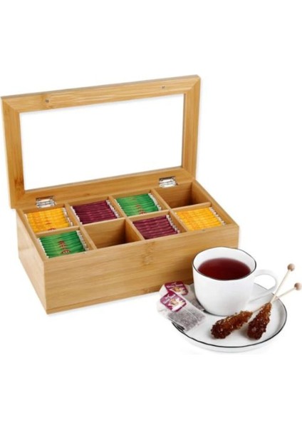 8 Bölmeli Bambu Saklama Kutusu, Çay, Kahve ve Bitki Çayı Için 30X20X7CM