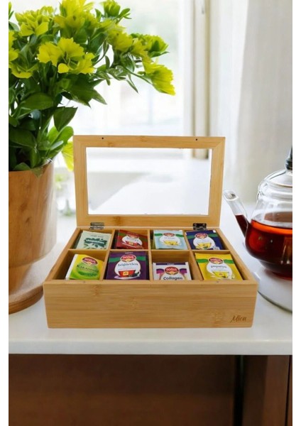8 Bölmeli Bambu Saklama Kutusu, Çay, Kahve ve Bitki Çayı Için 30X20X7CM