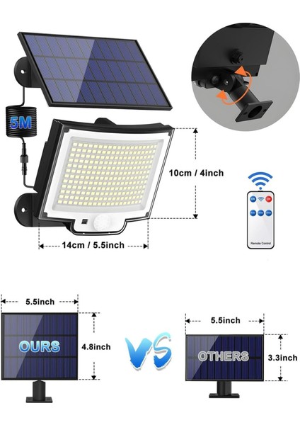 228 LED Solar Dış Mekan Işıkları, 270° Aydınlatma, IP65 Su Geçirmez, 3 Modlu, Geniş Güneş Paneli fiyatları