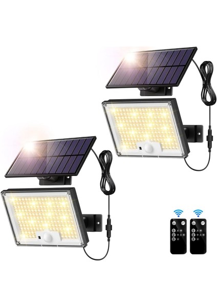 2'li Hareket Sensörlü Güneş Enerjili Işıklar, 172 Led, IP65 Su Geçirmez, Sıcak Işık