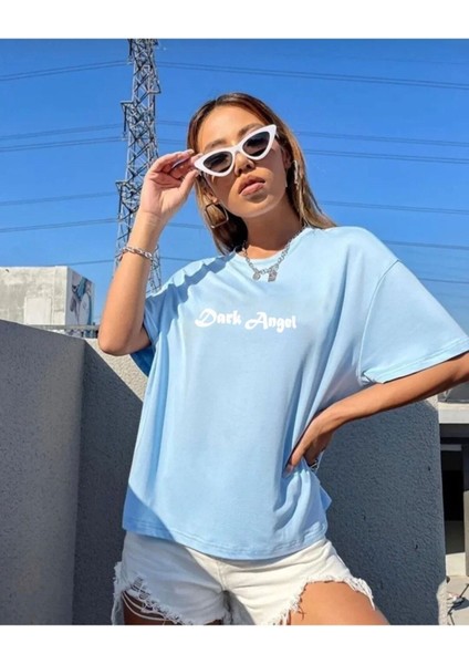 Büyük Beden Dark Angel Baskılı Bebe Mavi Overisize Penye T-Shirt fiyatları