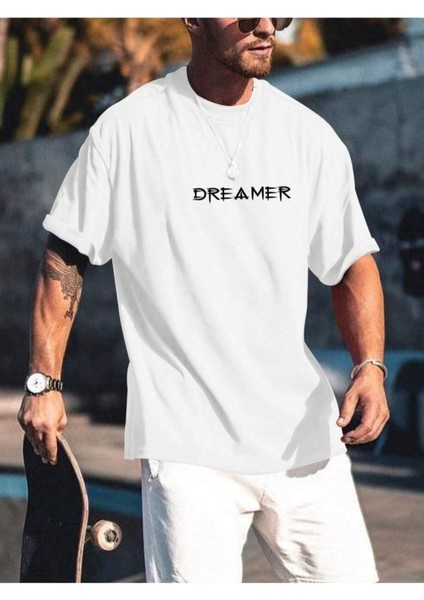 Büyük Beden Dreamer Baskılı Oversize Bisiklet Yaka Yazlık Pamuk T-Shirt