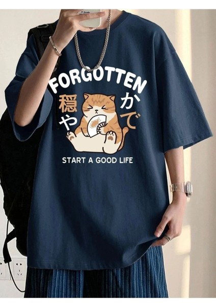 Forgotten Kedi Baskılı Oversize Pamuk T-Shirt