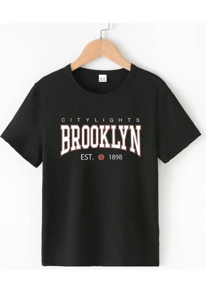Kids City Lights Brooklyn Baskılı Oversize Bisiklet Yaka Çocuk T-Shirt