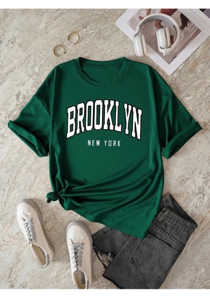 Büyük Beden Nefti Brooklyn New York Beyaz Baskılı Oversize Unisex Pamuklu T-Shirt