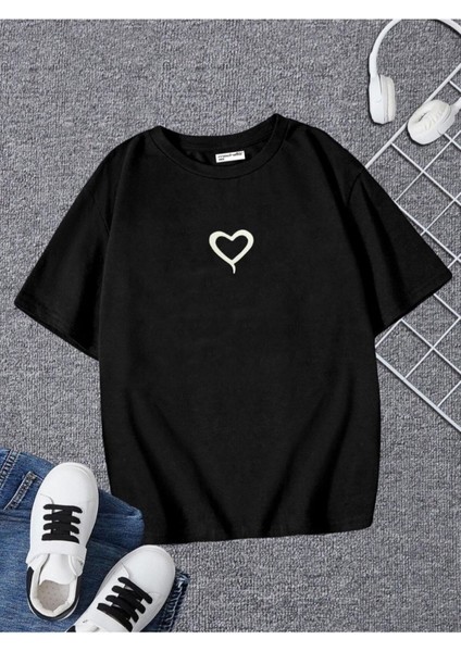 Minik Kalp Baskılı Oversize Çocuk T-Shirt