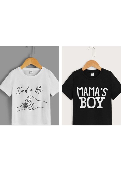 2'li Dad+ Me ve Mama's Boys Baskılı Bisiklet Yaka Oversize Çocuk T-Shirt