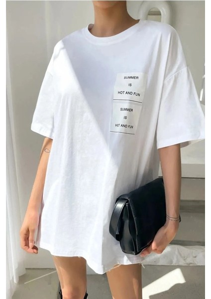 Yaz Sıcak ve Eğlenceli Baskılı Beyaz Bisiklet Yaka Oversize T-Shirt