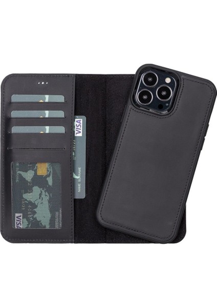 Mulvxurg URG02 Apple Iphone 13 Pro Uyumlu Deri Cüzdanlı Kılıf Liluri G1 Siyah (Mulvix)