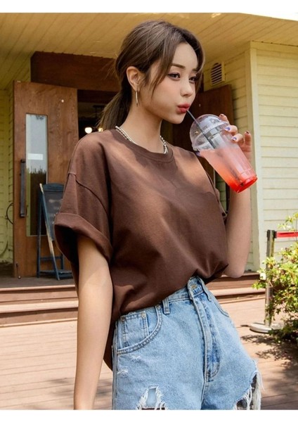 Kadın Kahverengi Fortune Mountain Baskılı Oversize Bisiklet Yaka T-Shirt fiyatları