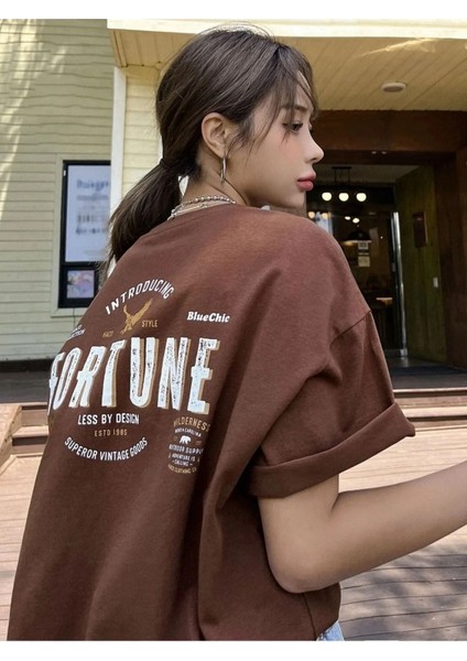 Kadın Kahverengi Fortune Mountain Baskılı Oversize Bisiklet Yaka T-Shirt modelleri