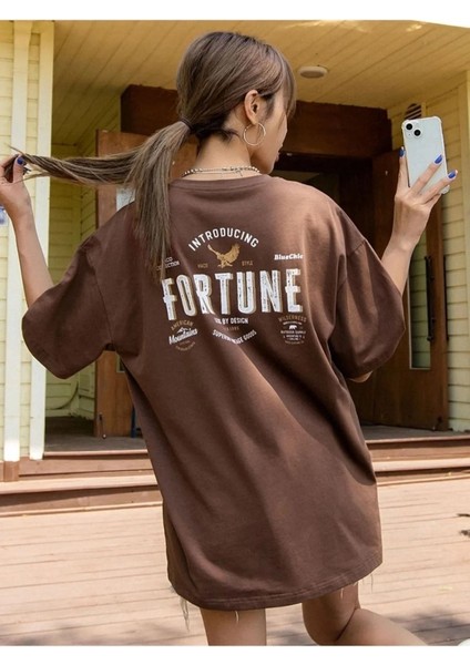 Kadın Kahverengi Fortune Mountain Baskılı Oversize Bisiklet Yaka T-Shirt fırsatları