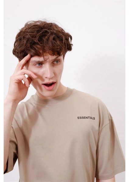 Büyük Beden Essentials Küçük Baskılı Pamuk Oversize Bisiklet Yaka T-Shirt modelleri