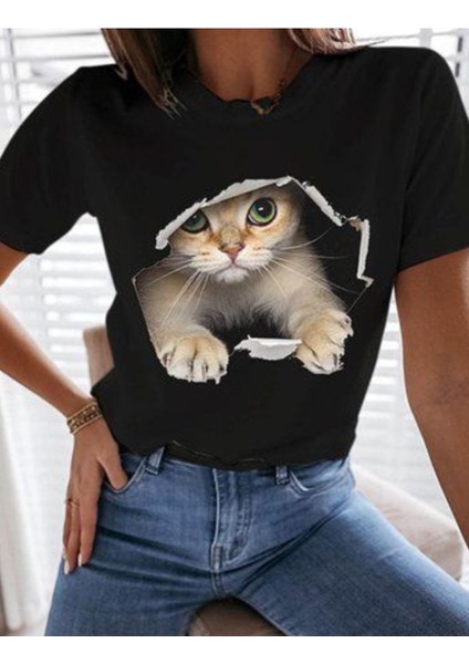 Büyük Beden 3D Kedi T Gömlek Kedi Grafik 3D Desen Yuvarlak Yaka T-Shirt