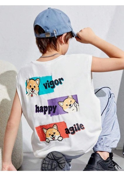 Çocuk Vigor Happy Baskılı Kolsuz %100 Pamuk T-Shirt