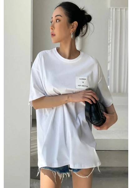 Yaz Sıcak ve Eğlenceli Baskılı Beyaz Bisiklet Yaka Oversize T-Shirt modelleri