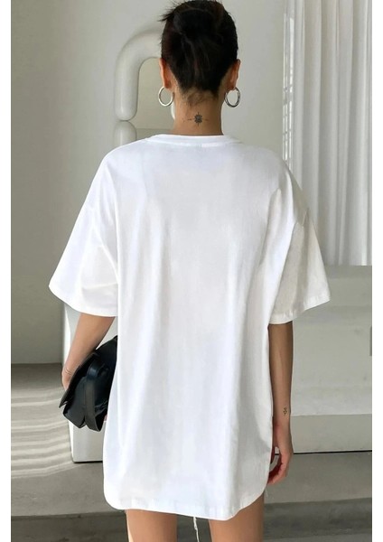 Yaz Sıcak ve Eğlenceli Baskılı Beyaz Bisiklet Yaka Oversize T-Shirt