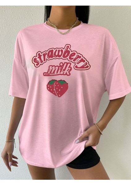 Pembe Strawberry Milk Baskılı Oversize T-Shirt indirimleri