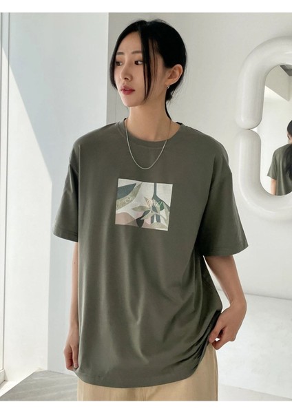 Baskılı Haki Oversize T-Shirt