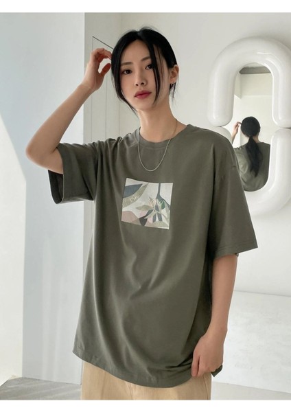 Baskılı Haki Oversize T-Shirt modelleri