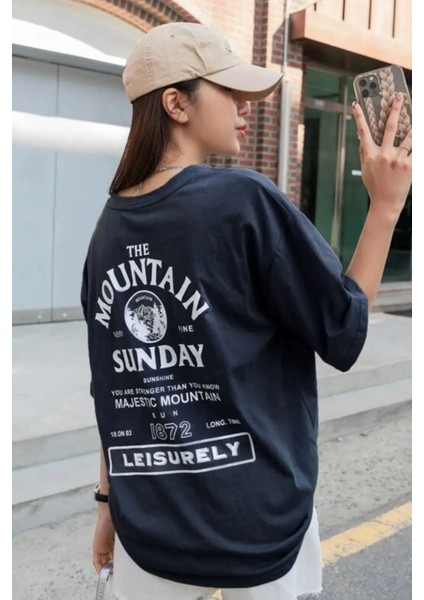Büyük Beden Unisex Lacivert Mountain Sunday Baskılı Bisiklet Yaka Oversize T-Shirt