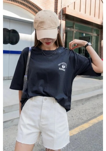 Büyük Beden Unisex Lacivert Mountain Sunday Baskılı Bisiklet Yaka Oversize T-Shirt modelleri